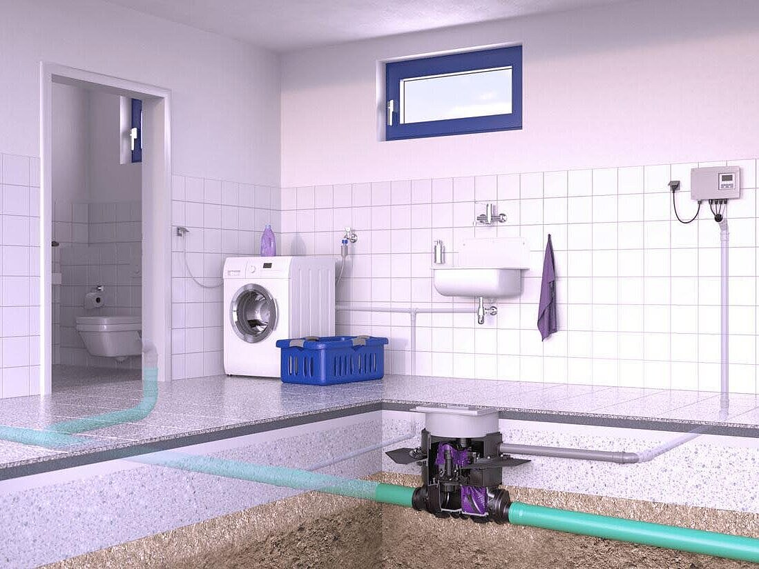 Installation diagram of the Pumpfix F backwater pumping station for floor slab installation