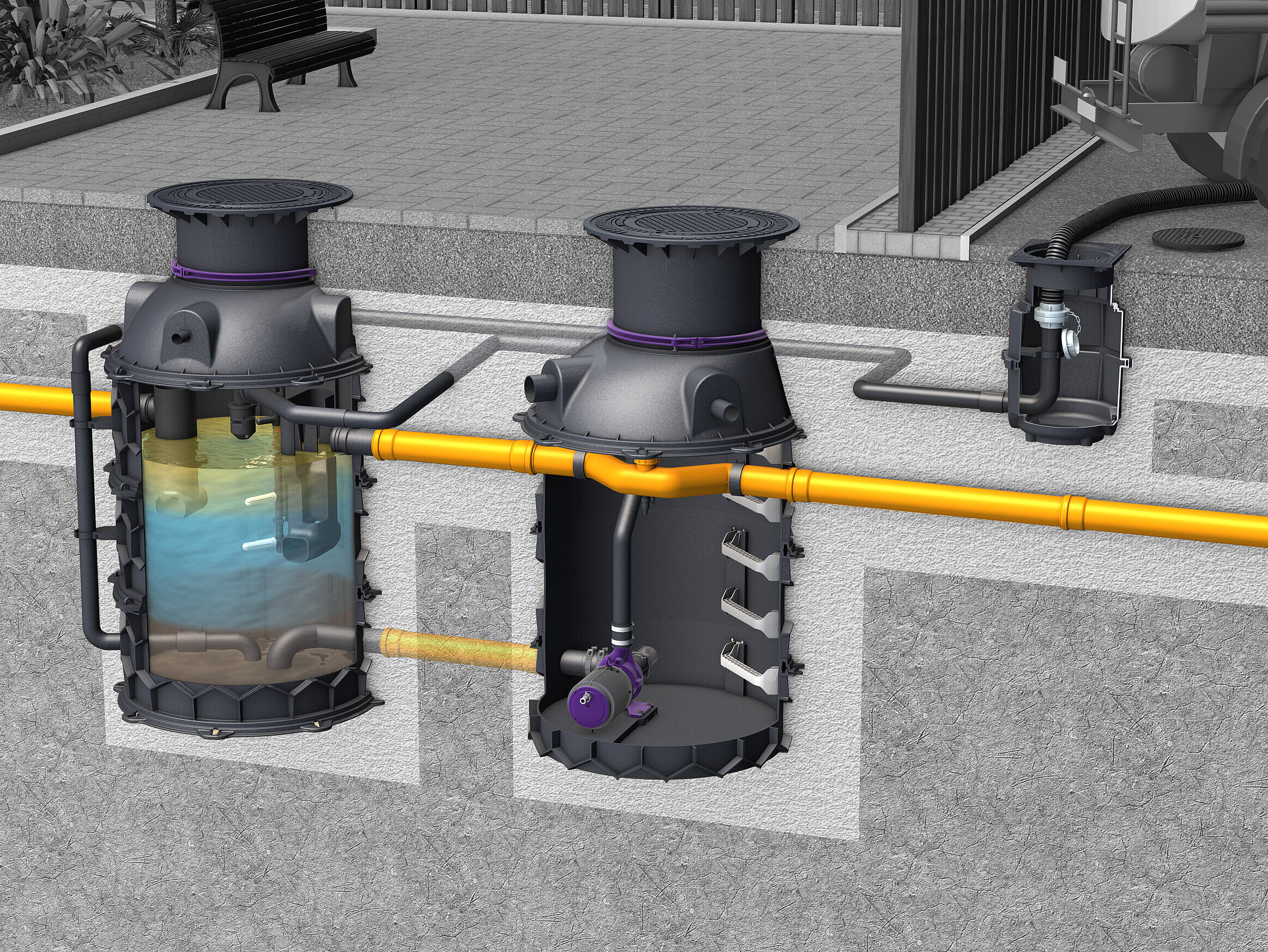 Installation diagram of EasyClean ground Auto Mix grease separator