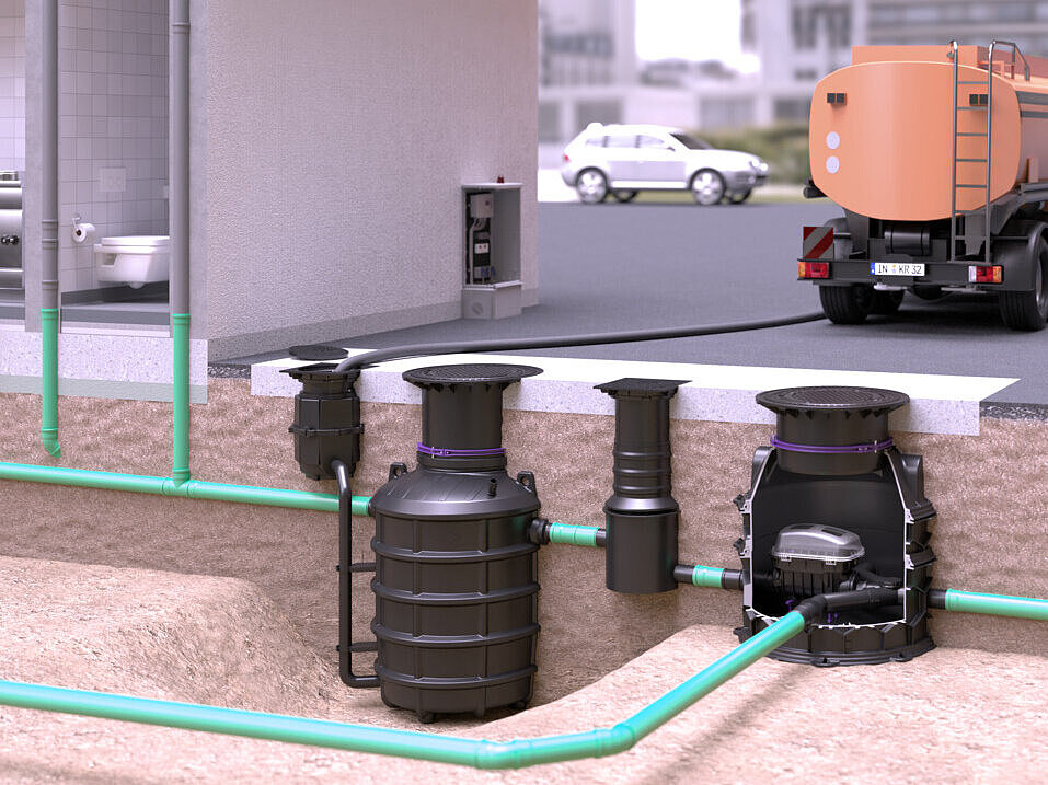 Installation diagram of EasyClean ground Direct grease separator with Pumpfix F in the underground engineering chamber