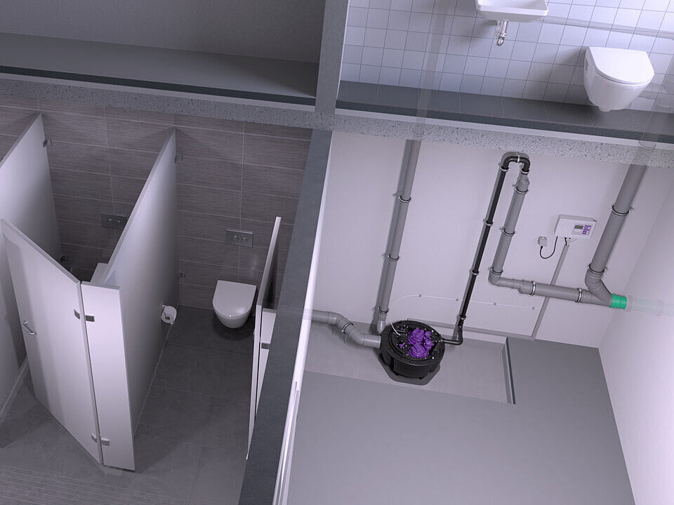 Installation diagram for Aqualift F Compact, exposed installation