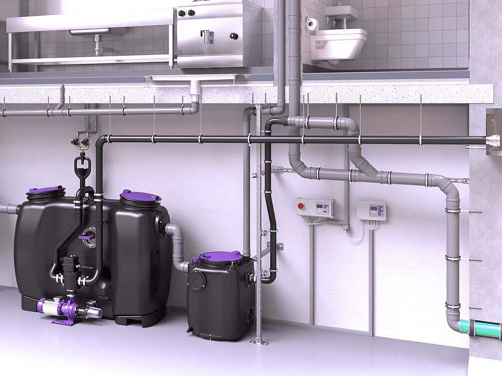 Installation diagram for Aqualift S 200, downstream of a grease separator